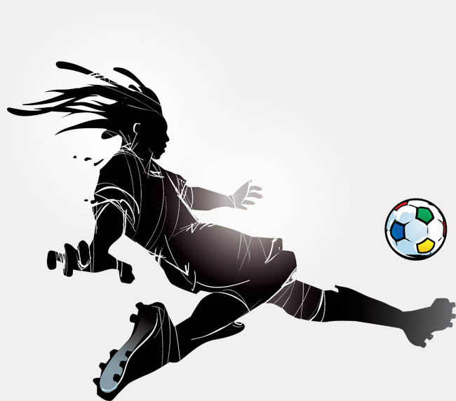 黑色剪影人物飞起来踢足球的动作矢量图