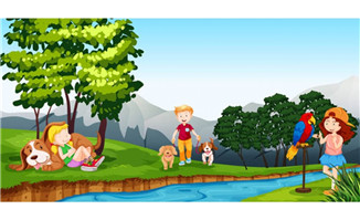 草公小河和动物玩的儿童