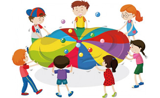卡通儿童围在一起玩彩球