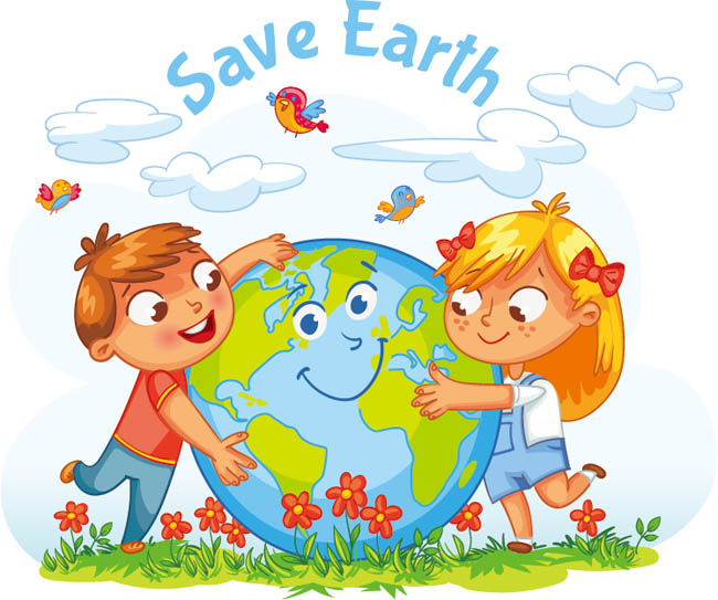卡通儿童2孩子抱着地球矢量(6)