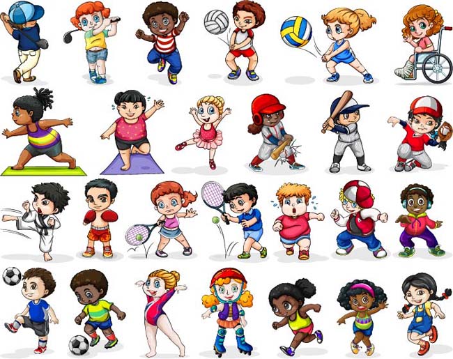 卡通儿童各种运动姿势矢量图素材
