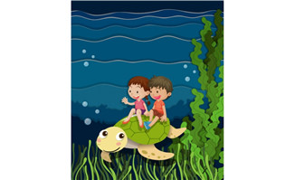 卡通2个儿童骑在乌龟身上