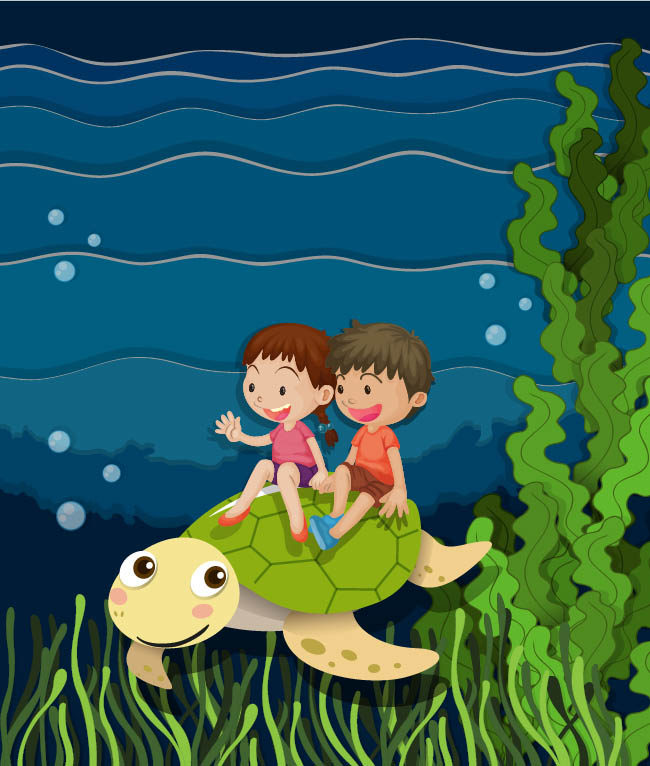 卡通2个儿童骑在乌龟身上设计