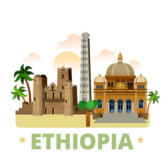 扁平化世界各国之埃塞俄比亚漫画建筑矢量图素