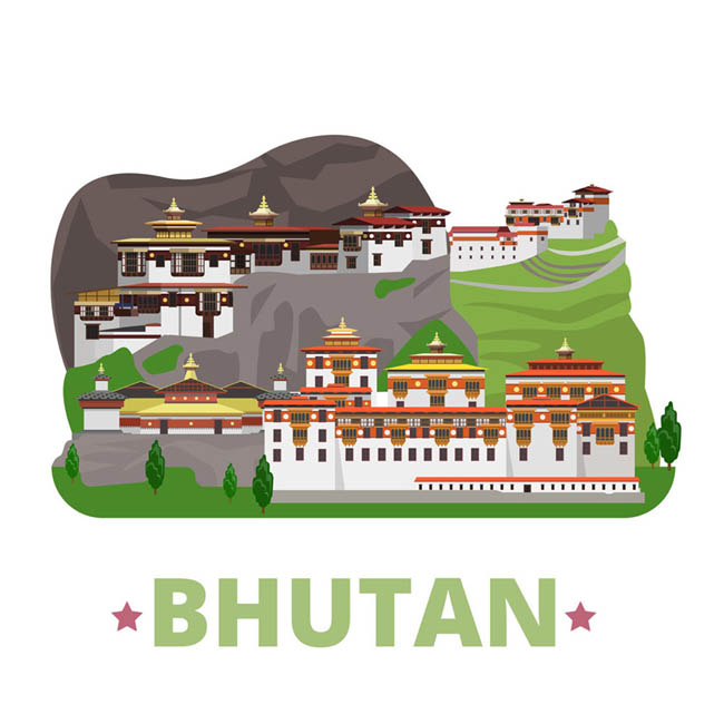 扁平化素材世界建筑风景之不丹建筑漫画矢量图