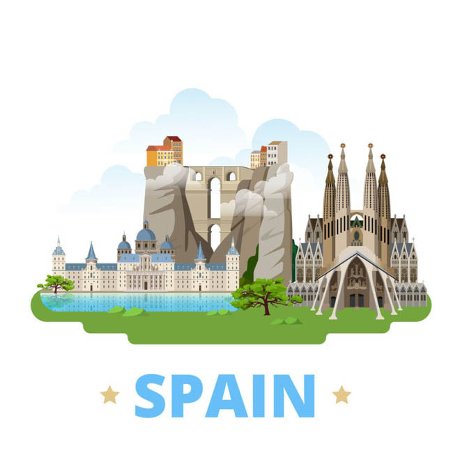 西班牙建筑漫画世界各地建筑扁平化素材矢量图