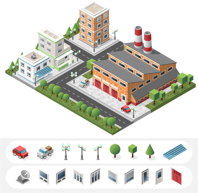矢量图素材街道3D建筑模型厂房设计图片下载