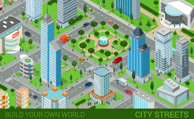 卡通3d建筑模型城市鸟瞰平面矢量图素材下载