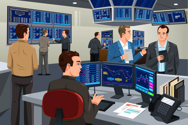 商务男人在股票交易市场讨论股票的场景图片矢