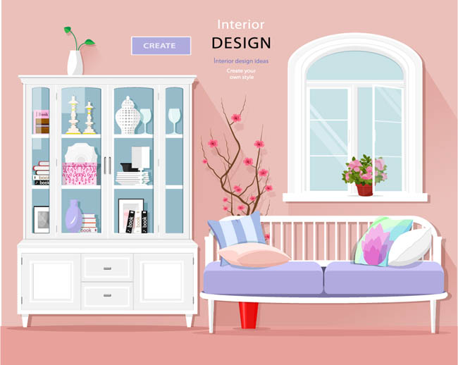 粉色家庭室内房间装饰设计卡通矢量