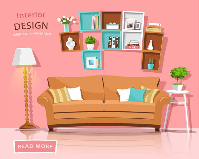 粉色沙发家庭室内房间装饰设计卡通矢量