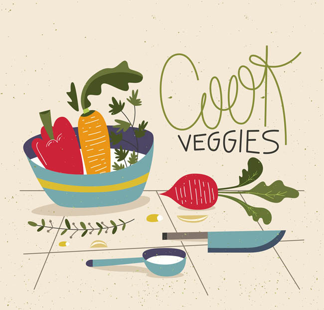 彩绘蔬菜与厨具矢量素材
