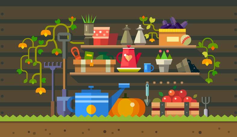 扁平化动画短片，柜架上的盆景，植物栽培