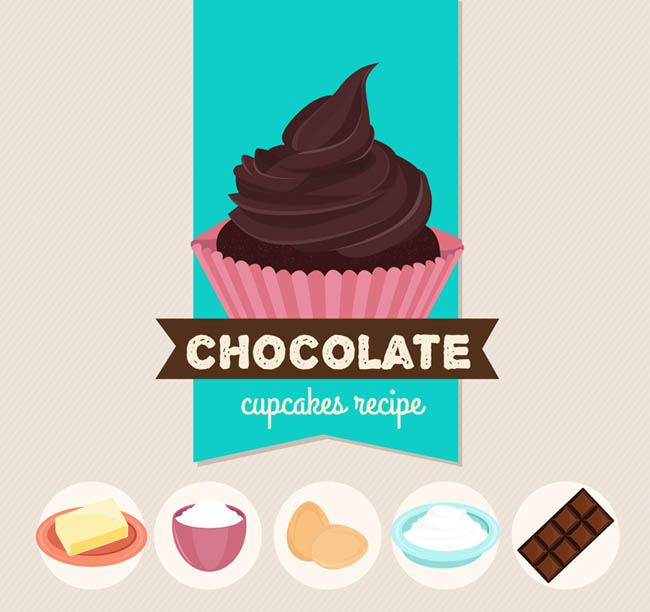 扁平化巧克力纸杯蛋糕及原料矢量素材