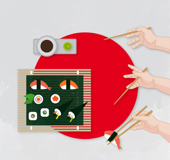 扁平化日式料理和筷子的用法矢量素材