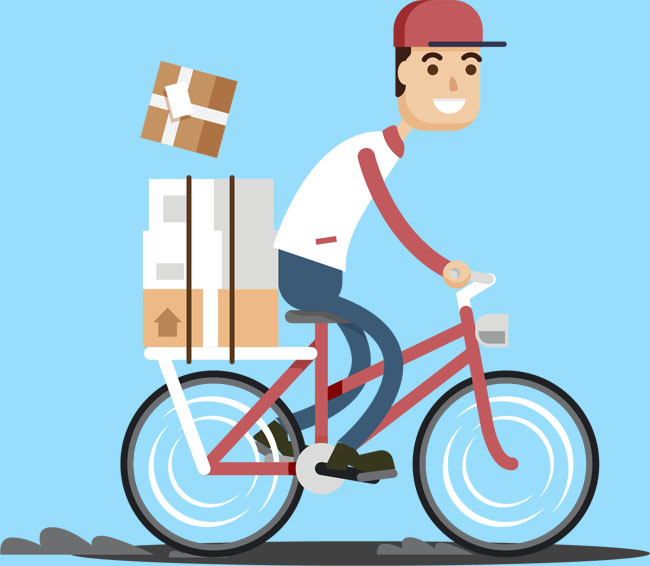 扁平化设计骑自行车送快递的人物卡通形象素材