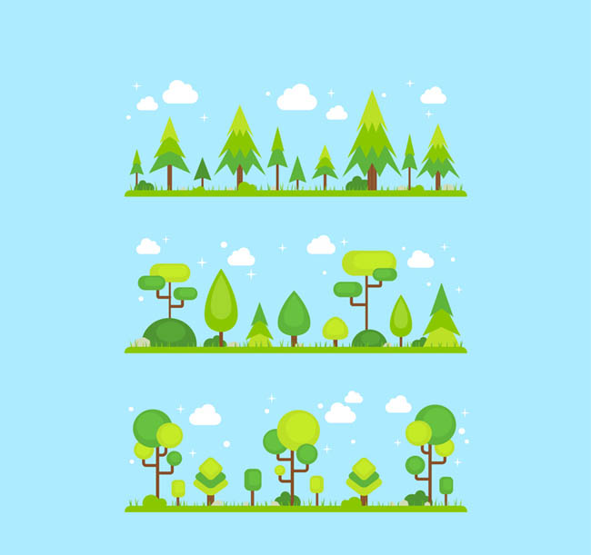 3组绿色树木设计扁平化风格素材下载