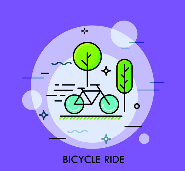断线风格扁平化树自行车绿色健康设计素材