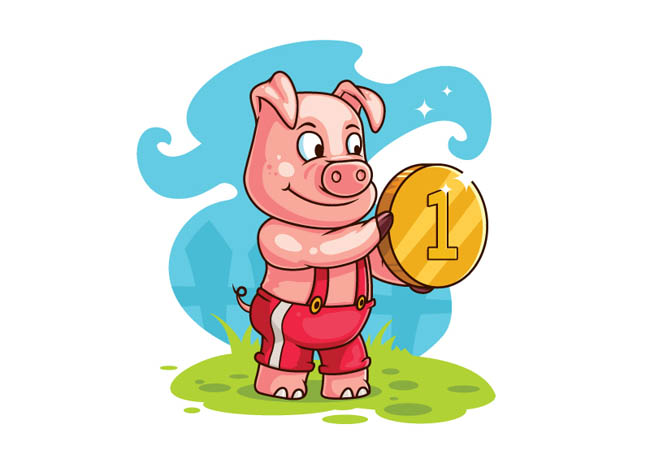 卡通拿金币的猪动漫形象设计素材