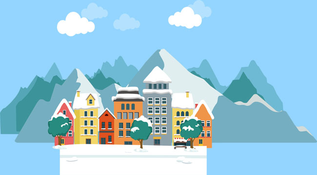 下雪山脉圣诞雪小镇建筑物场景设计素材