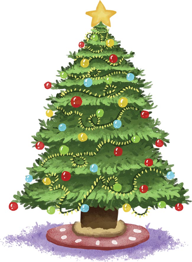 手绘复古风格圣诞树彩灯设计矢量素材