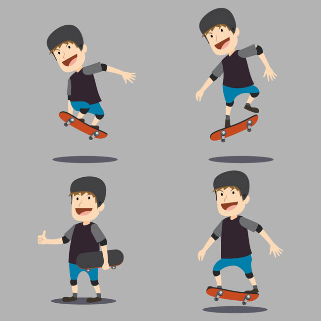 滑板少年各种玩滑板的动作卡通人物矢量素材