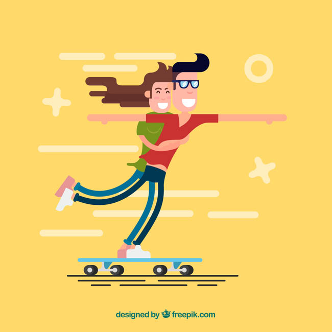 扁平化情侣卡通人物形象一起玩滑板的动作设计