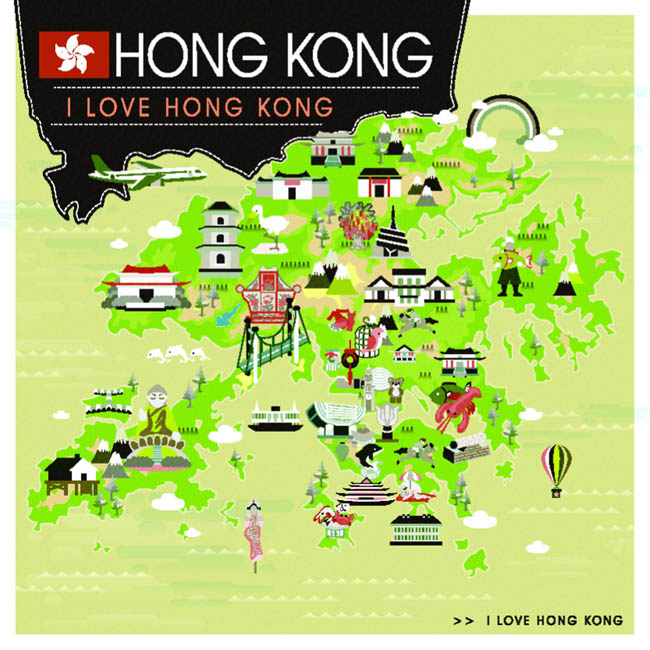 香港旅游地图各景点各旅游位置矢量素材