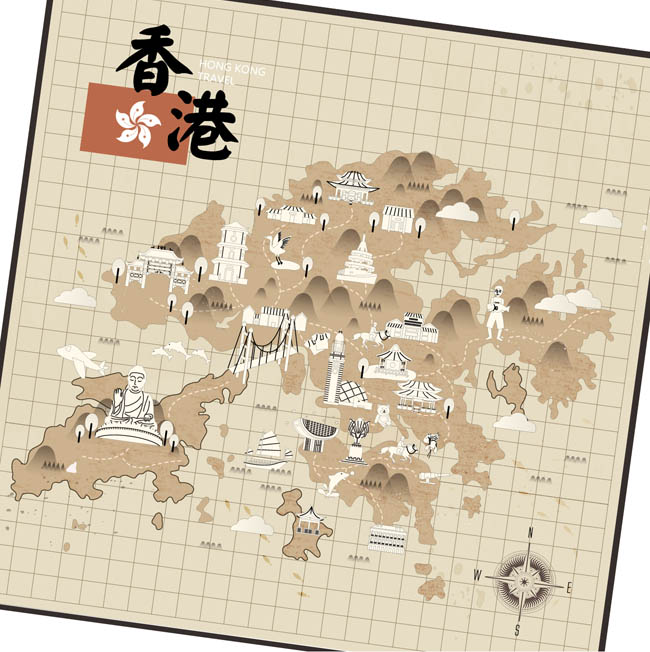 香港地区手绘复古风格地图设计矢量素材