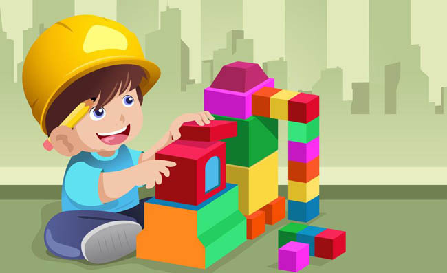 可爱卡通动漫儿童在玩积木玩具的场景设计