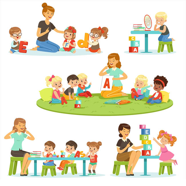 幼儿园动漫卡通老师与儿童在学习中各种情景设