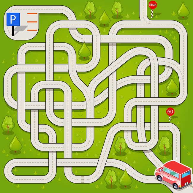 汽车小游戏迷宫图公路线条图设计矢量素材
