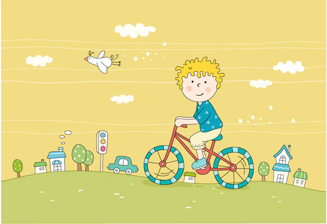 儿童骑自行车动漫形象线条漫画风格设计