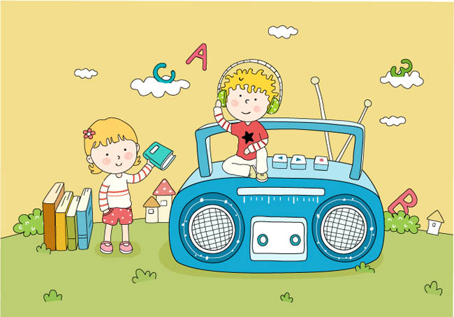收音机老式磁带机上的卡通少儿儿童动漫形象设