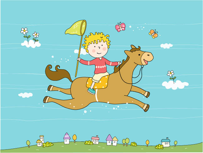 骑马玩耍的少年儿童卡通漫画设计素材