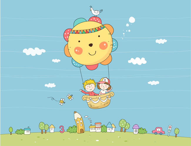 简易插画设计太阳头像热气球带儿童环游世界