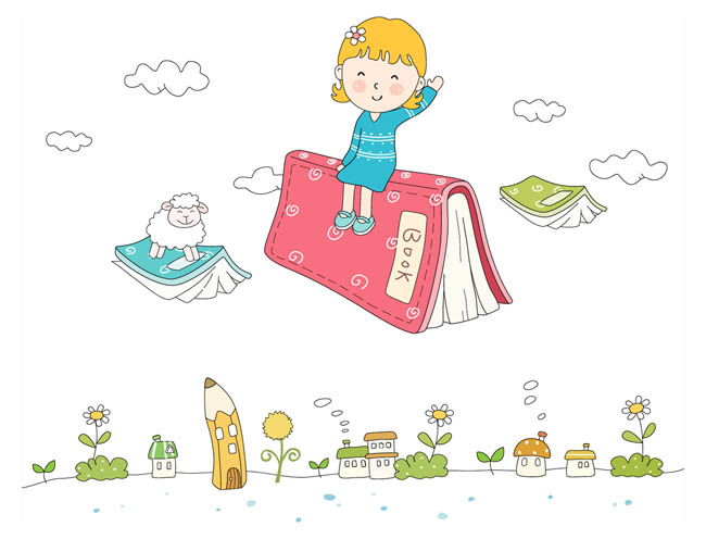 创意插画设计坐在书本上儿童在天空飞翔素材