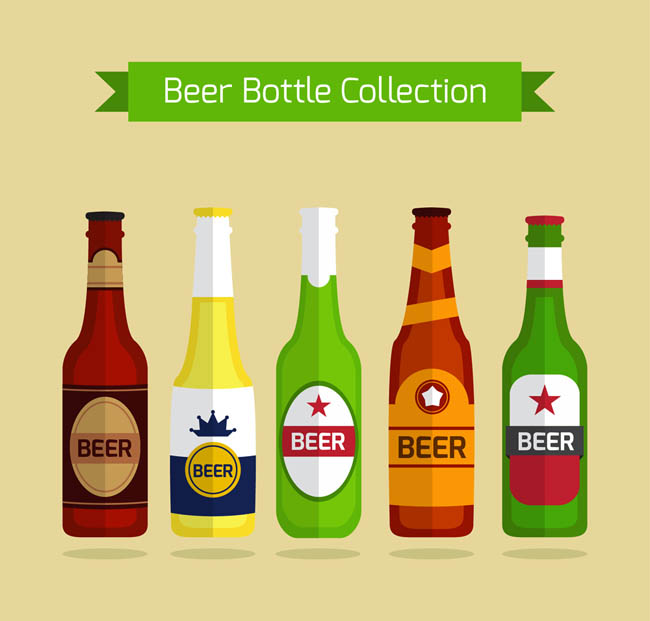 几款彩色的啤酒瓶扁平化瓶子设计矢量素材