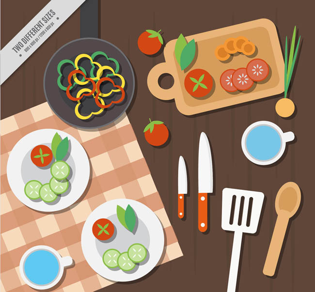 餐饮餐桌上的菜品俯视扁平风格设计素材