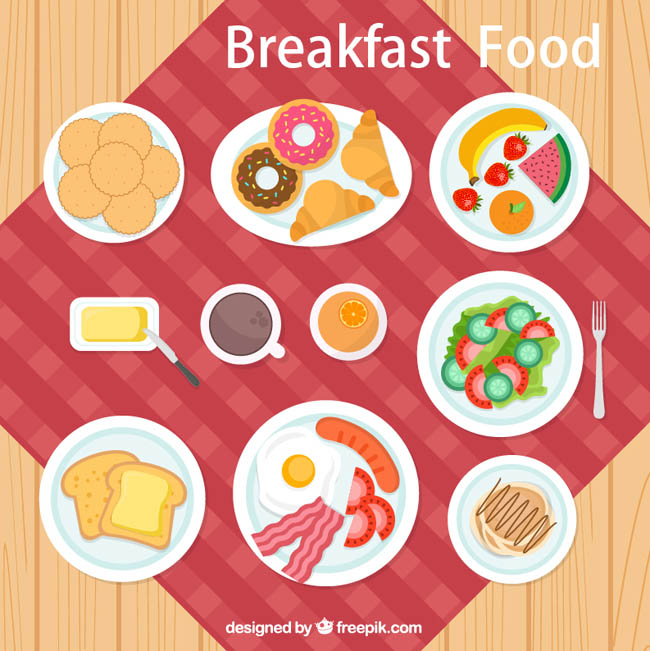 俯视早餐食物菜品矢量素材下载