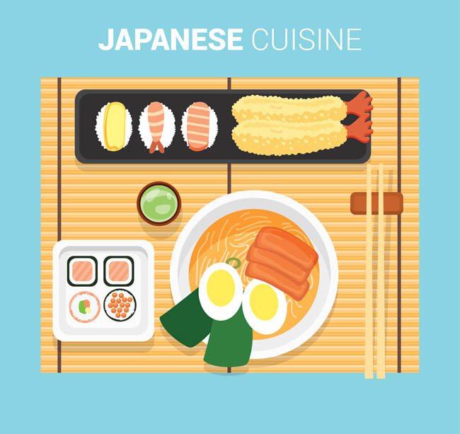 扁平化俯视日本菜肴菜品设计矢量素材