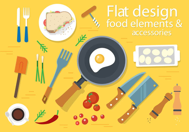 扁平制作食物的各种餐具设计矢量素材下载