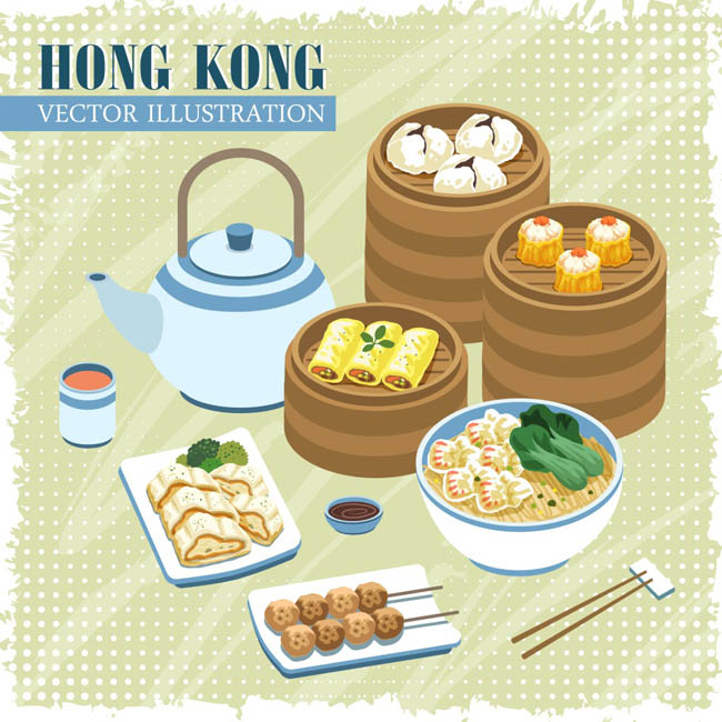 矢量香港风味食品小笼包蒸食菜品设计素材