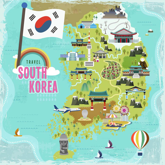 韩国旅游标志性建筑物在地图上位置设计素材