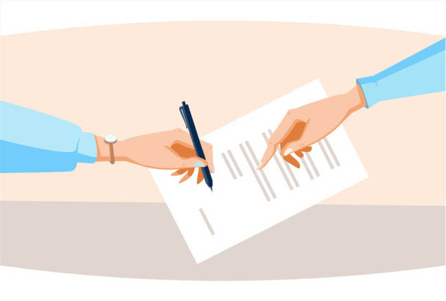 手握笔签署文件合作的动作设计矢量素材