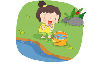 儿童插画捉鱼河边玩耍的