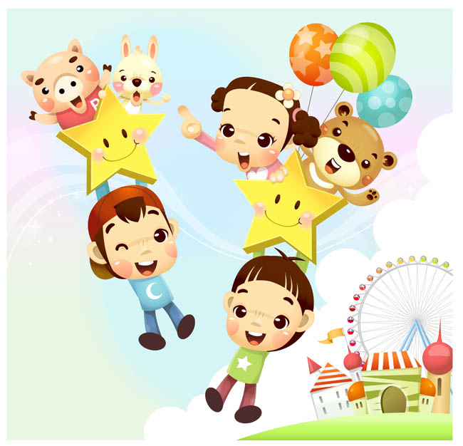 空中飞舞 卡通儿童 插画设计