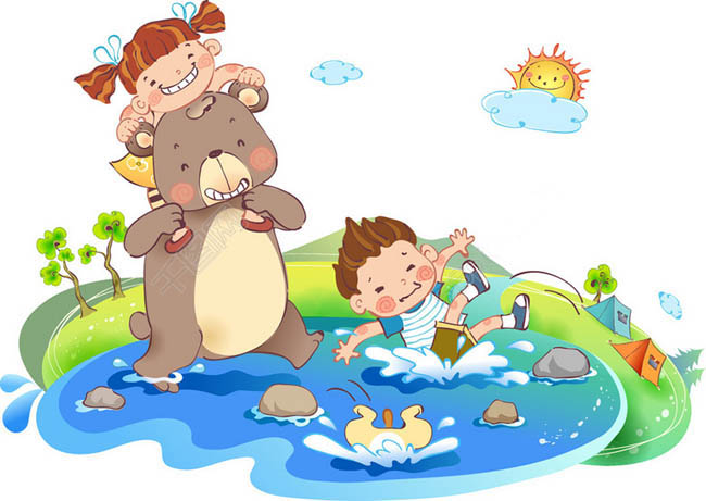 儿童过河的场景，书籍插画设计，课件插画绘制