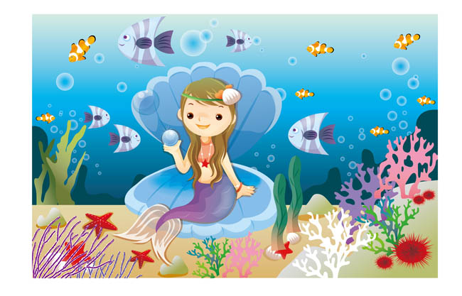 卡通海底世界，美人鱼动漫形象设计，海洋生物