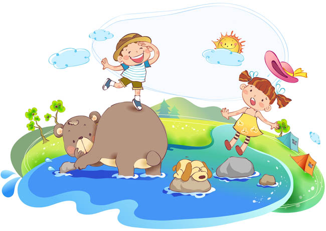 河水玩耍，卡通动漫，儿童插画设计